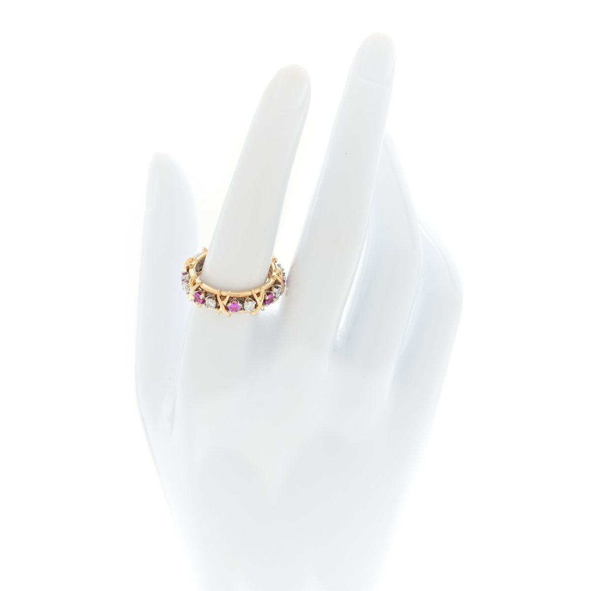 18K Yellow Gold Platinum Diamond Pink Sapphire Schlumberger Sixteen Stone Ring 57 8
