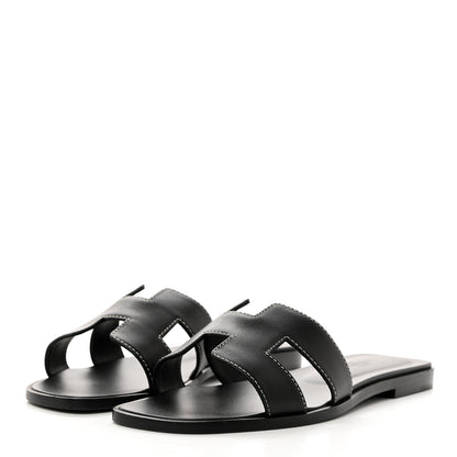 Hermes Box Calfskin Oran Sandals 38 Black 3 of 9