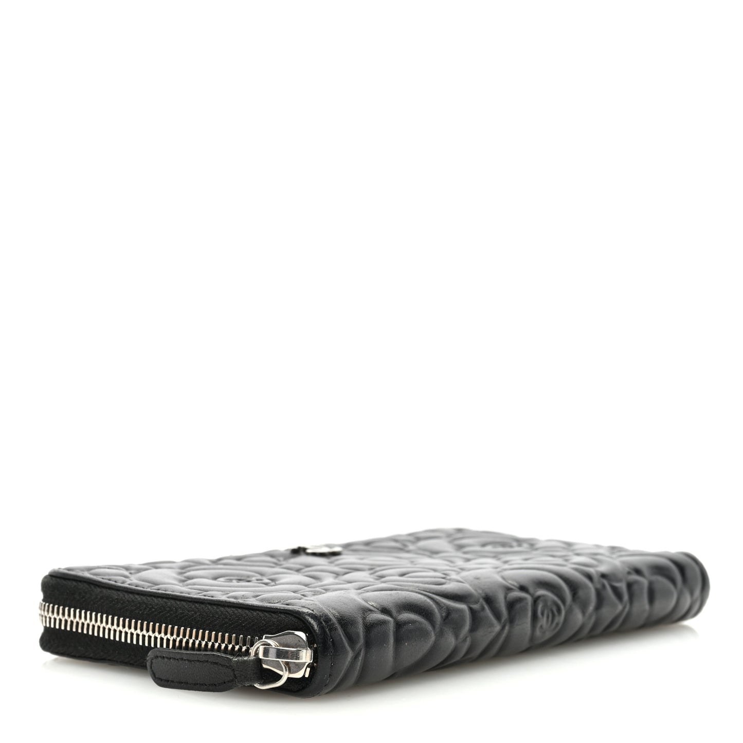Lambskin Camellia Embossed Large Zip Around Gusset Wallet Black
