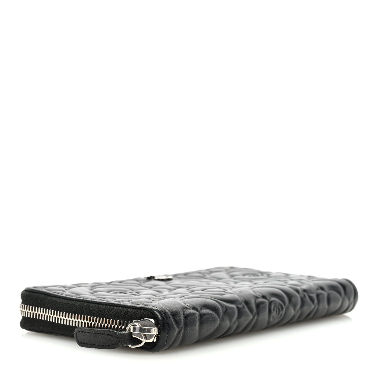 Chanel Lambskin Camellia Embossed Large Zip Around Gusset Wallet Black 4 of 7