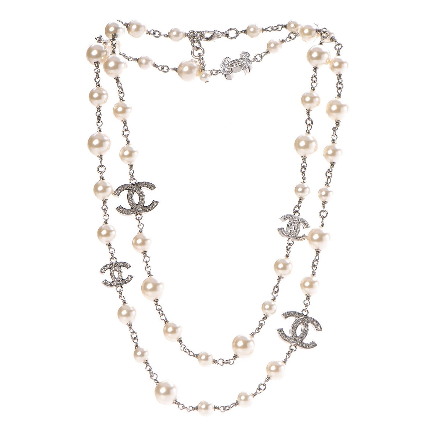 Crystal Pearl CC Long Necklace Silver