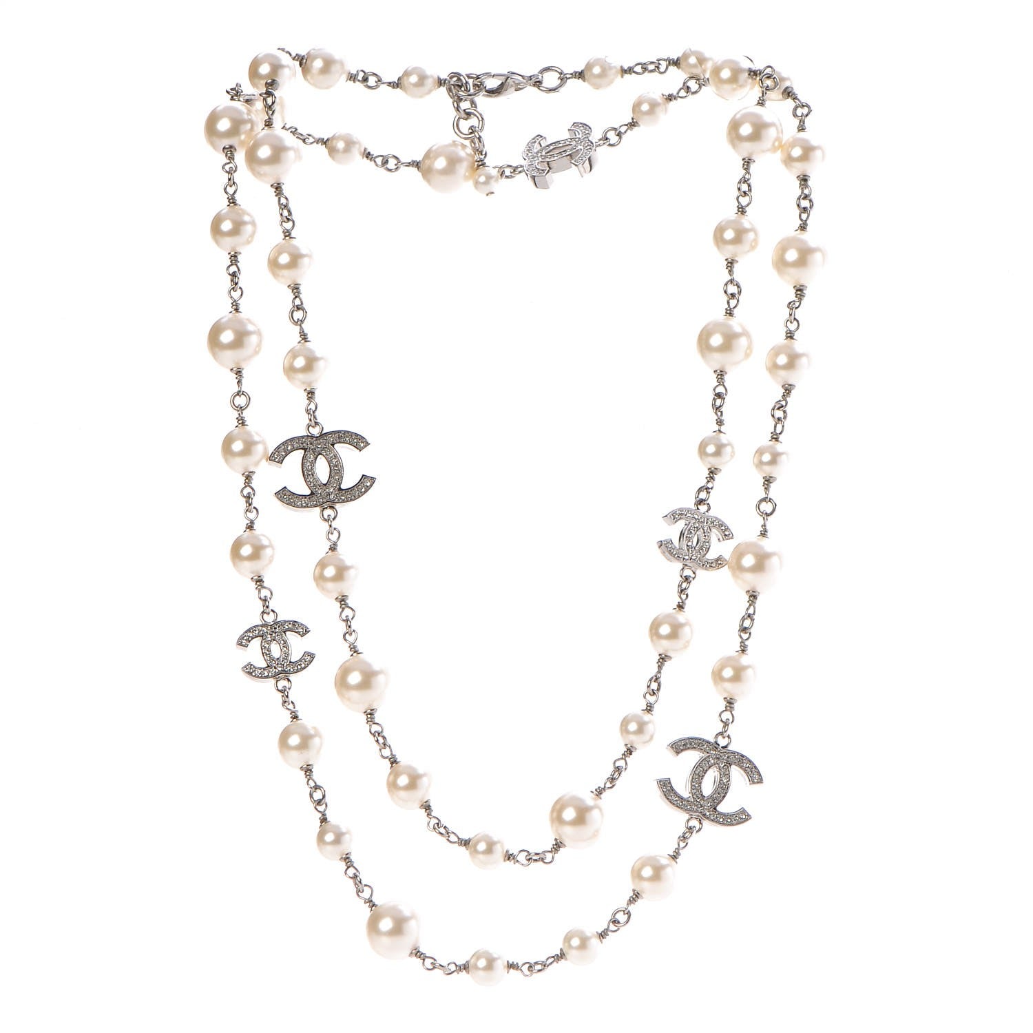 Chanel Crystal Pearl CC Long Necklace Silver 3 of 6