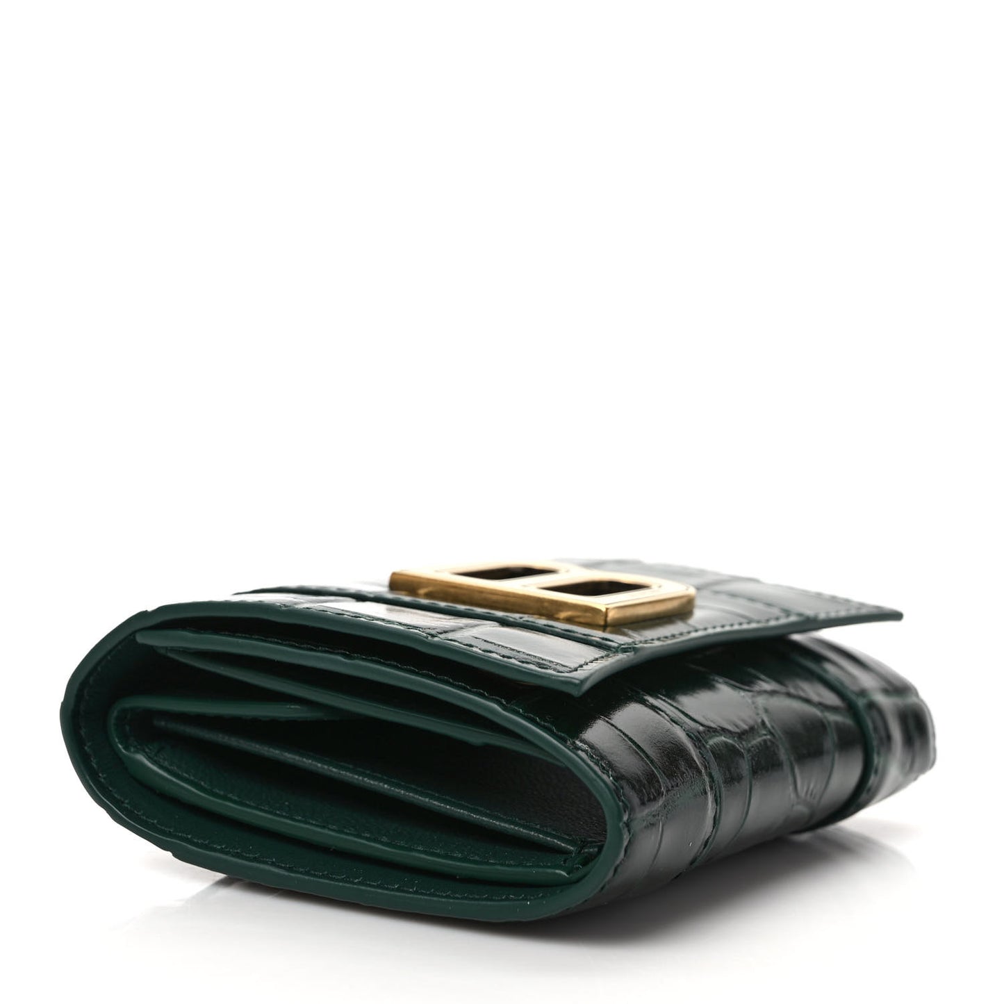 Shiny Calfskin Crocodile Embossed Hourglass Compact Wallet Forest Green
