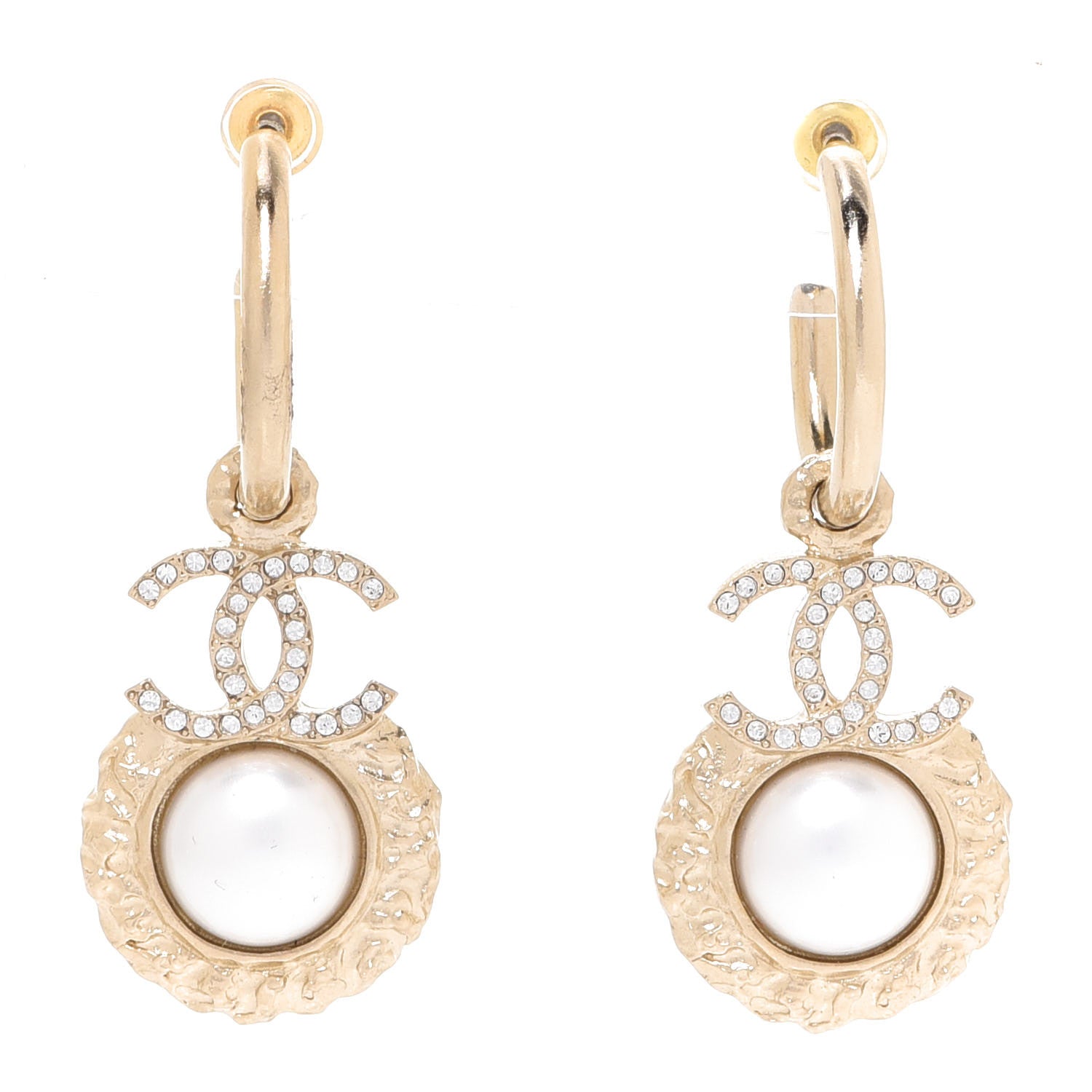 Chanel Metal Crystal Pearl Textured CC Hoop Drop Earrings Gold White 1 of 5