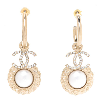 Chanel Metal Crystal Pearl Textured CC Hoop Drop Earrings Gold White 1 of 5