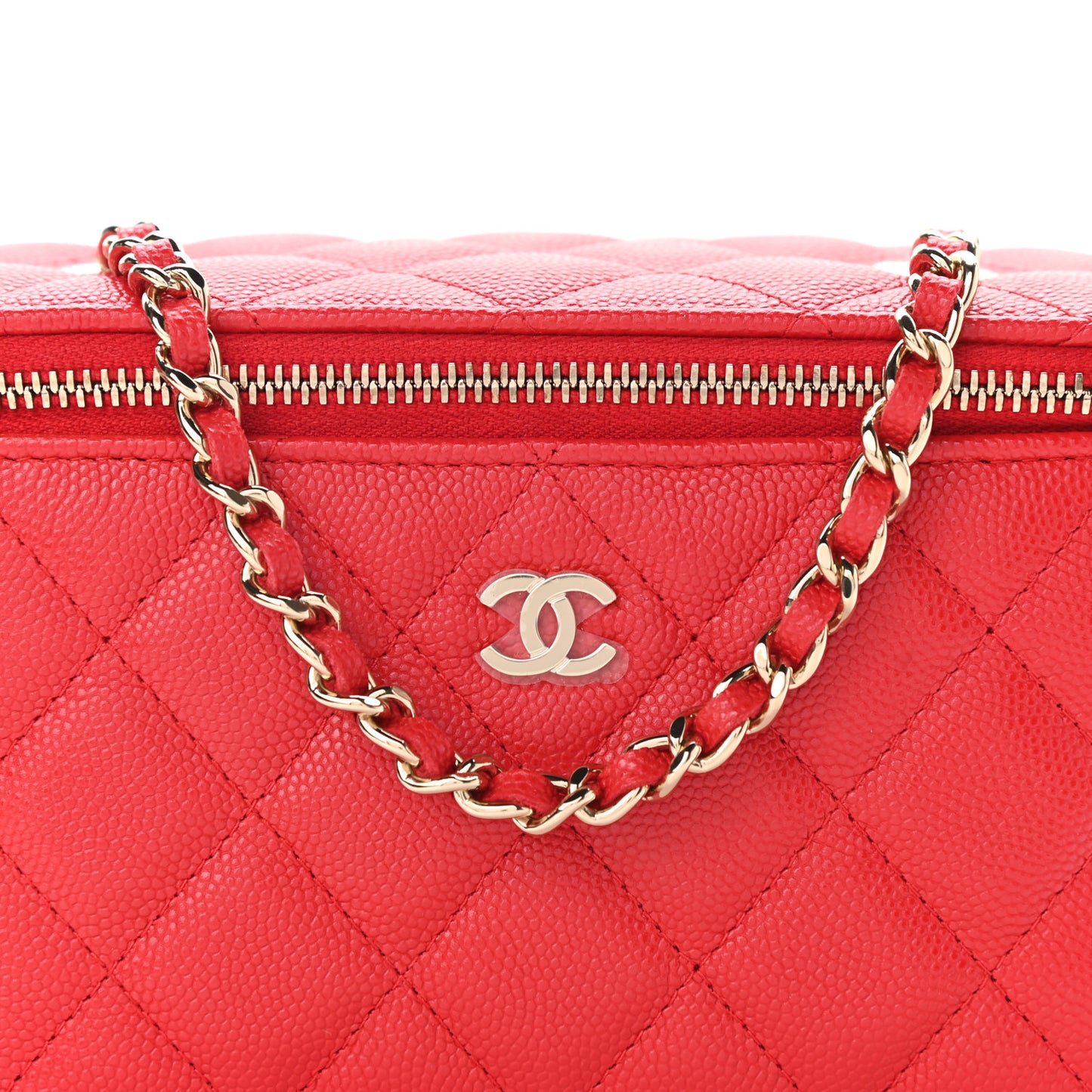 Caviar Quilted Small Vanity Case With Chain Red