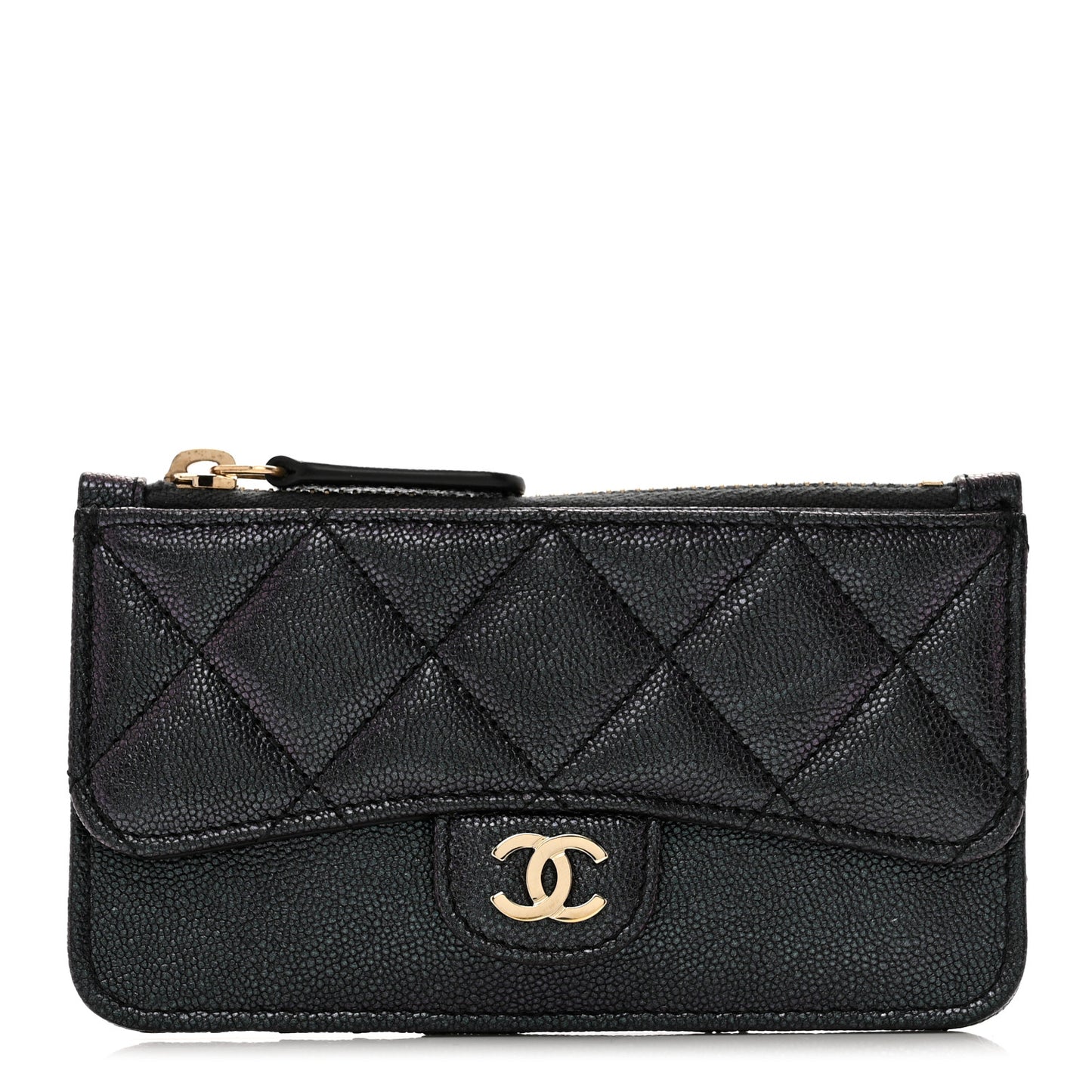 Iridescent Caviar Quilted Flap Zip Card Holder Black
