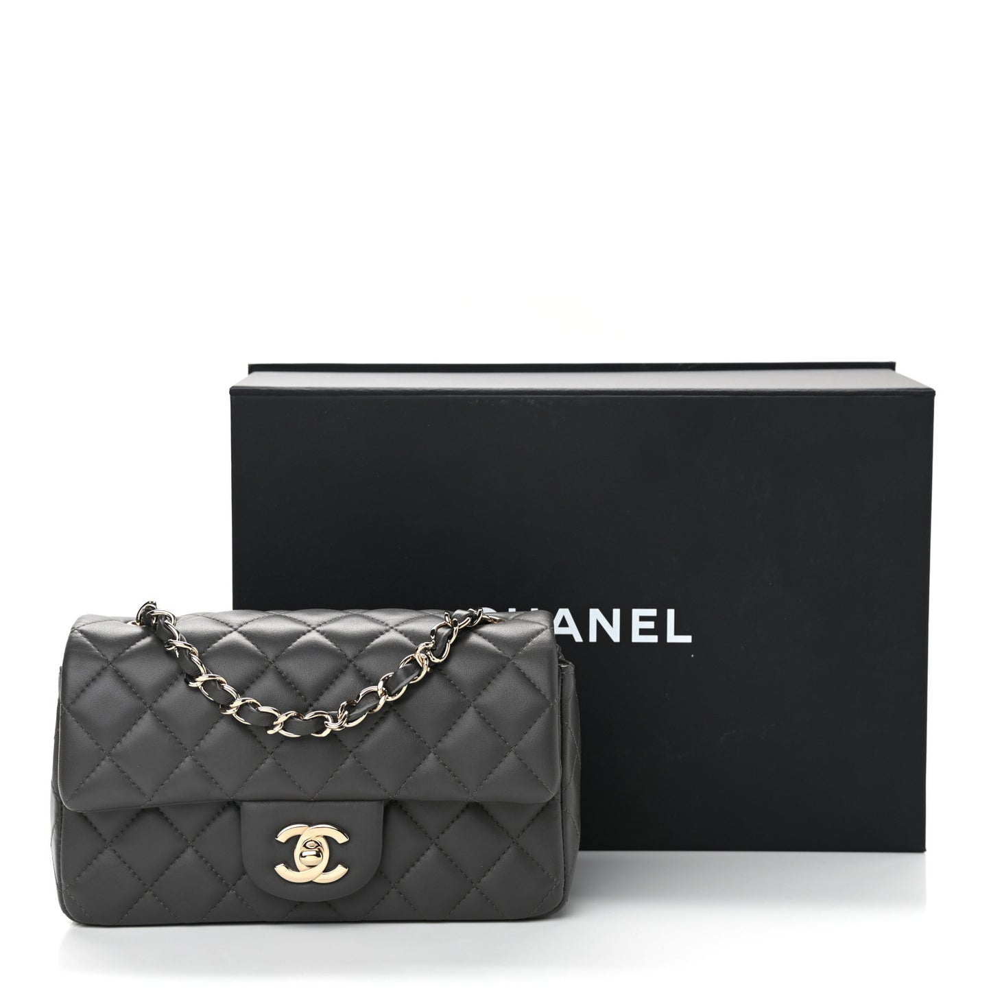 Lambskin Quilted Mini Rectangular Flap Dark Grey