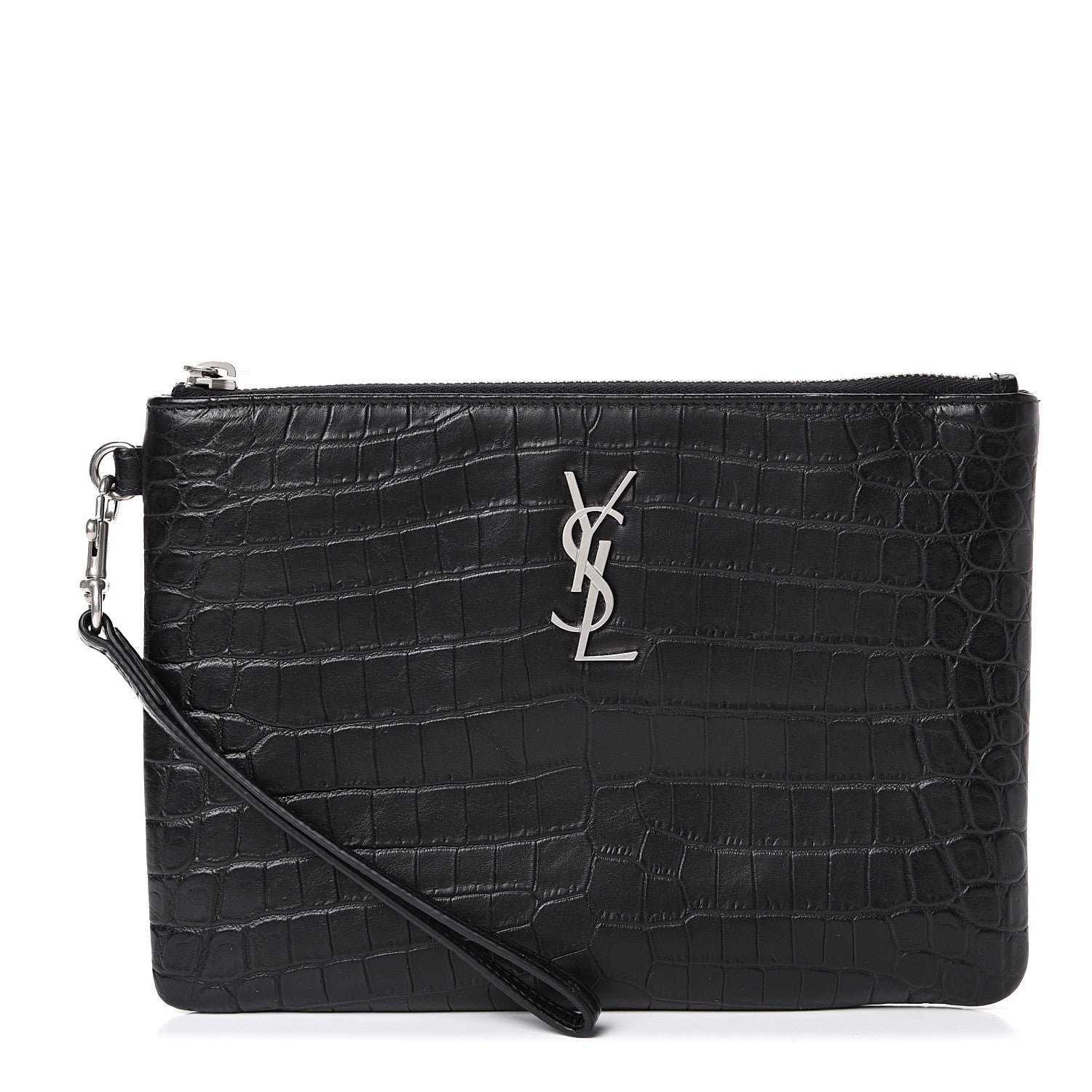 Saint Laurent Calfskin Crocodile Embossed Monogram Zip Pouch Black 1 of 9