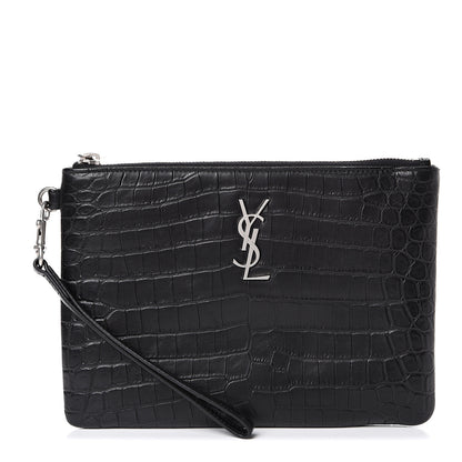 Saint Laurent Calfskin Crocodile Embossed Monogram Zip Pouch Black 1 of 9