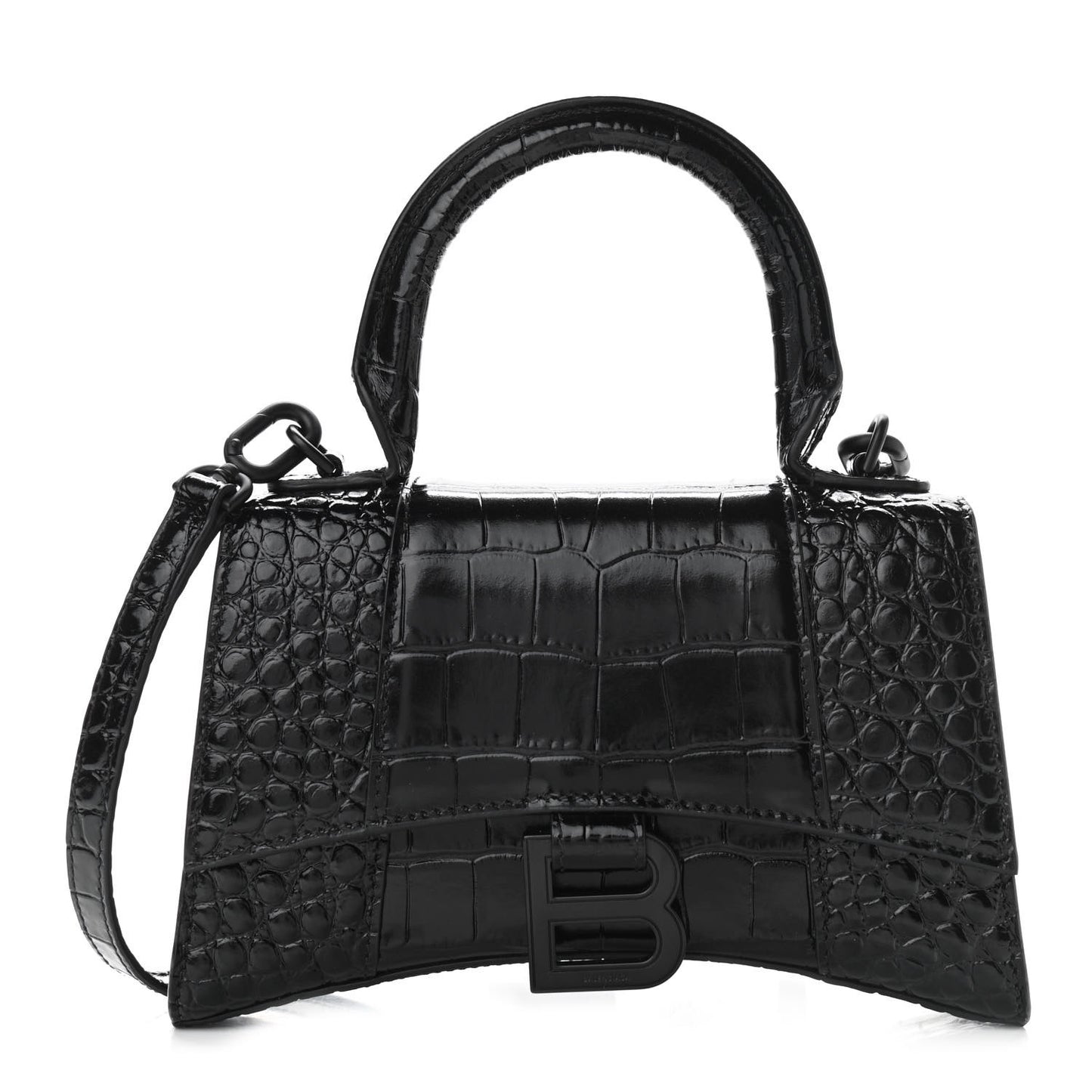 Shiny Calfskin Monochrome Crocodile Embossed Hourglass Top Handle Bag XS Black