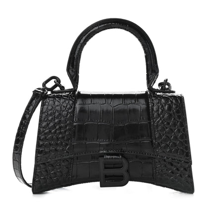 Balenciaga Shiny Calfskin Monochrome Crocodile Embossed Hourglass Top Handle Bag XS Black 1 of 12