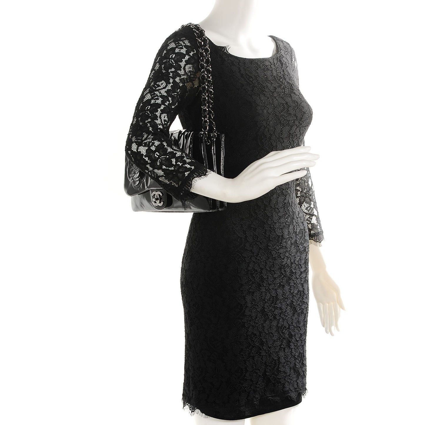 Patent Tweed Camellia Petals Large Flap Black