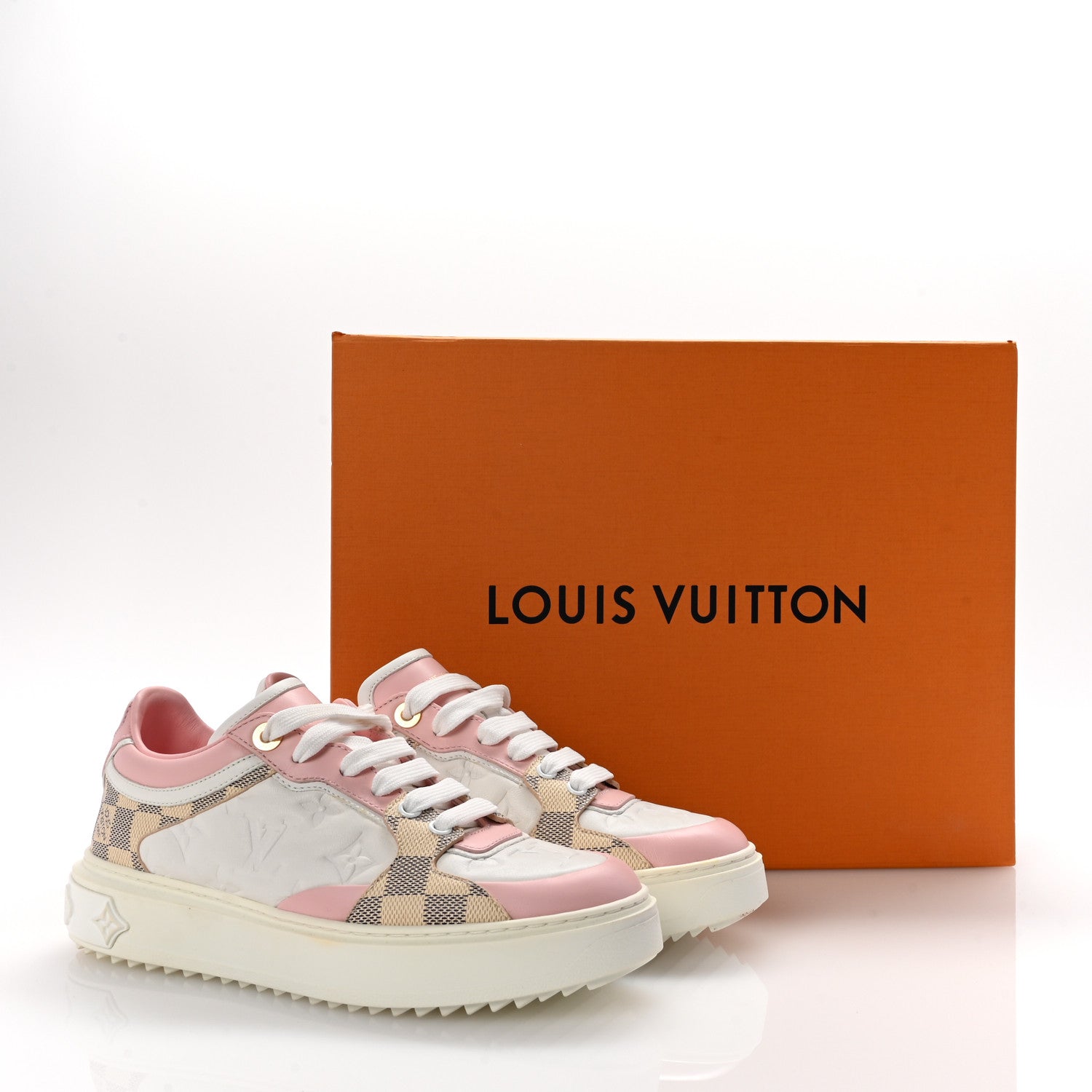 Louis Vuitton Monogram Embossed Calfskin Damier Azur Time Out Sneakers 38 Rose Clair Pink 11 of 11