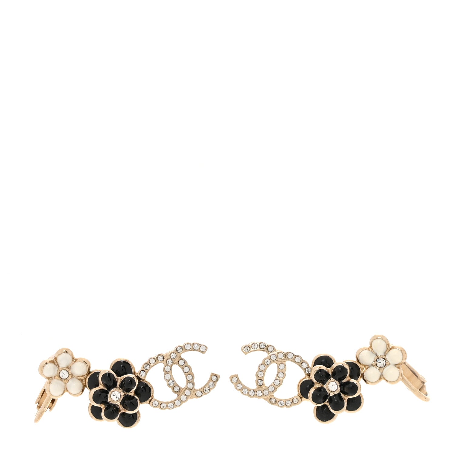 Chanel Crystal Enamel Flower CC Earrings Gold White Black 1 of 5