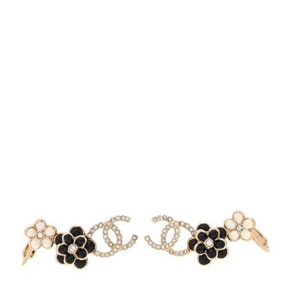 Chanel Crystal Enamel Flower CC Earrings Gold White Black 1 of 5