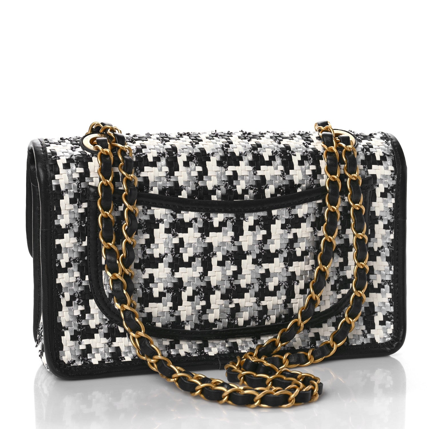 Chanel Metallic Lambskin Viscose Woven Flap Silver Black 3 of 9