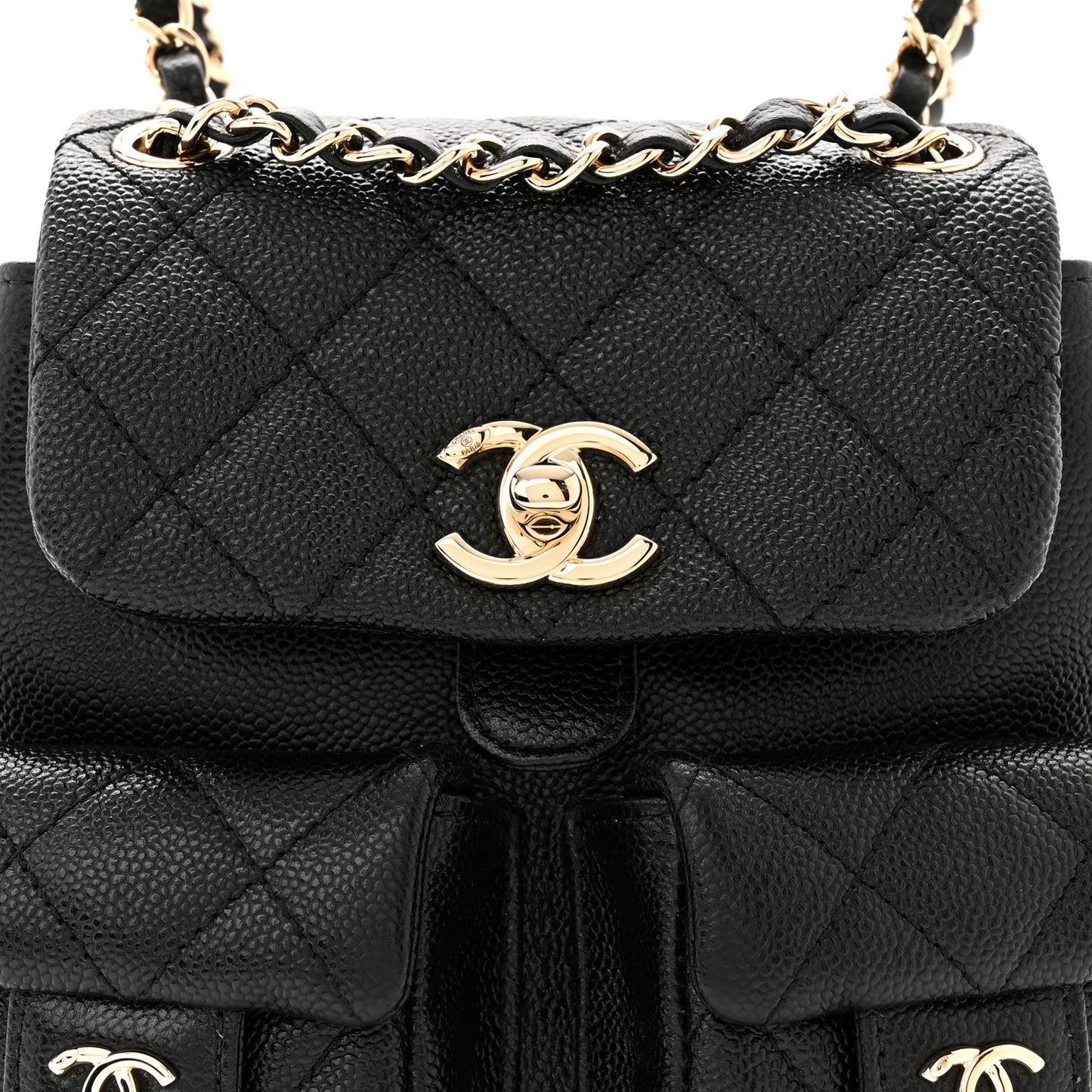 Shiny Caviar Quilted Small Duma Pockets Drawstring Backpack Black