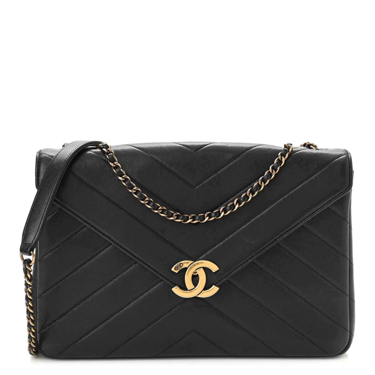 Lambskin Chevron Quilted Medium Envelope Flap Black