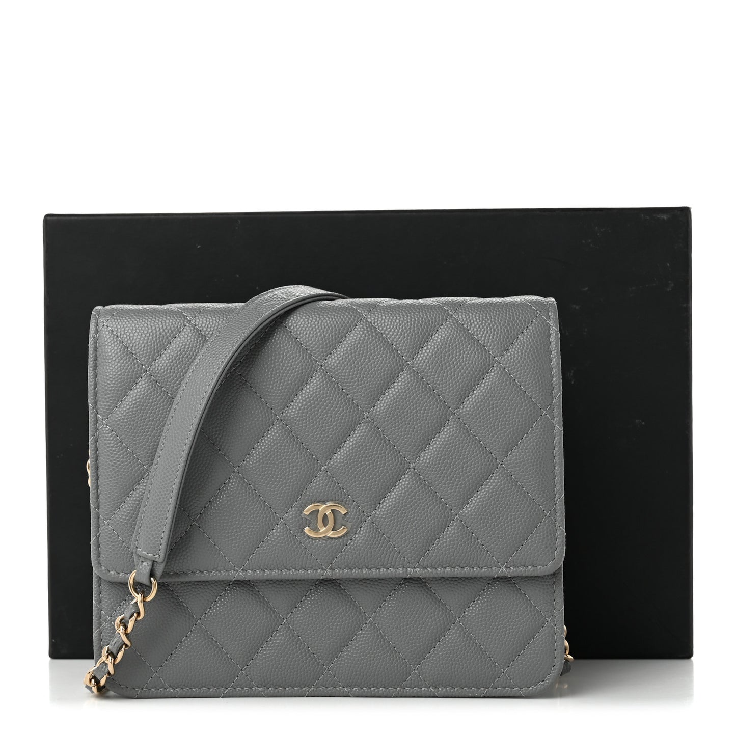 Caviar Quilted Square Wallet On Chain WOC Grey