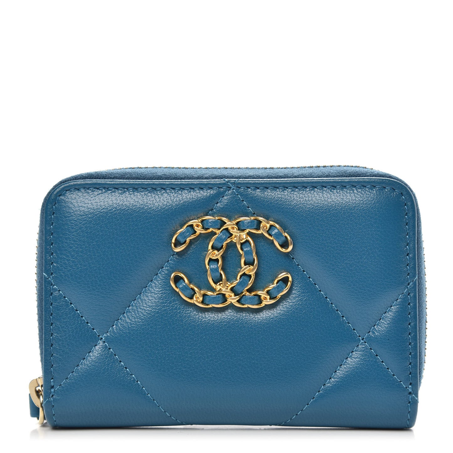 Goatskin Quilted Chanel 19 Zip Around Coin Purse Wallet Turquoise