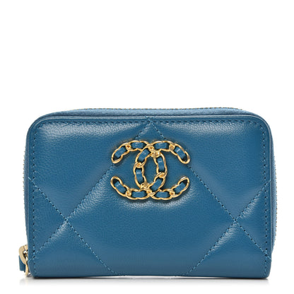 Chanel Goatskin Quilted Chanel 19 Zip Around Coin Purse Wallet Turquoise 1 of 9