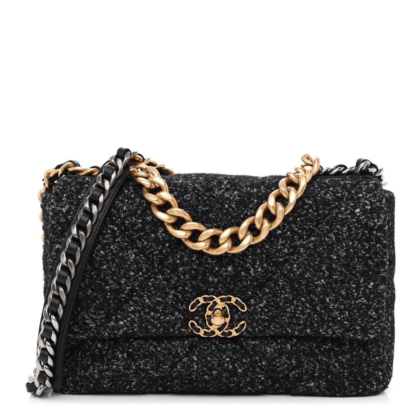 Tweed Quilted Large Chanel 19 Flap Black Grey