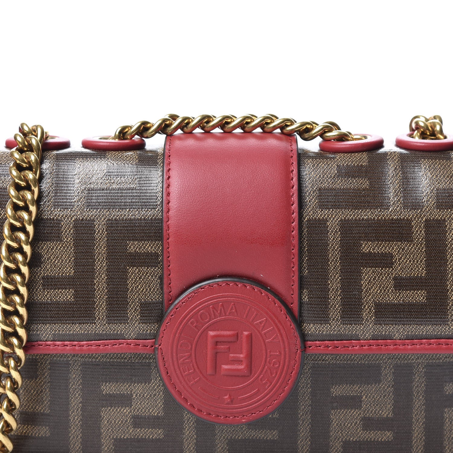Fendi Glazed Fabric Vitello Century FF 1974 Stamp Patch Mini Double F Crossbody Bag Mogano Panna Fragola 9 of 10