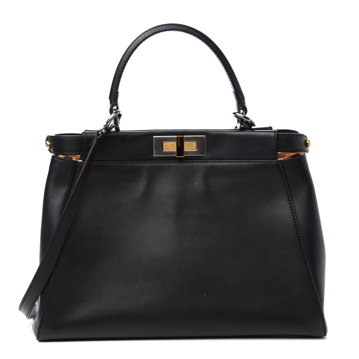 Fendi Calfskin Calf Hair Leopard Print Medium Peekaboo Iconic Satchel Black 1 of 11