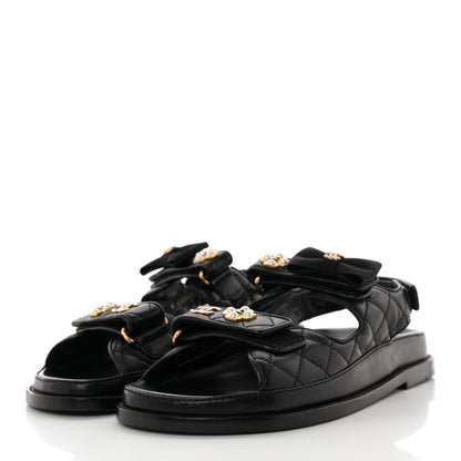 Chanel Lambskin Velcro CC Pearl Bow Dad Sandals 39 Black 3 of 12