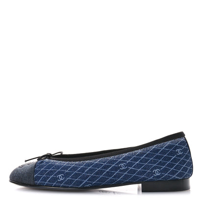 Chanel Denim Printed Quilt CC Cap Toe Ballerina Flats 37 Navy Blue Dark Grey 1 of 9