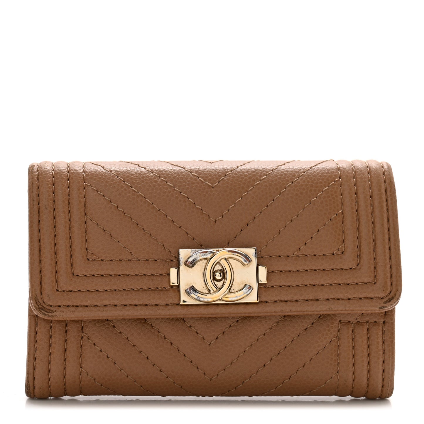 Caviar Chevron Quilted Boy Flap Card Holder Dark Beige