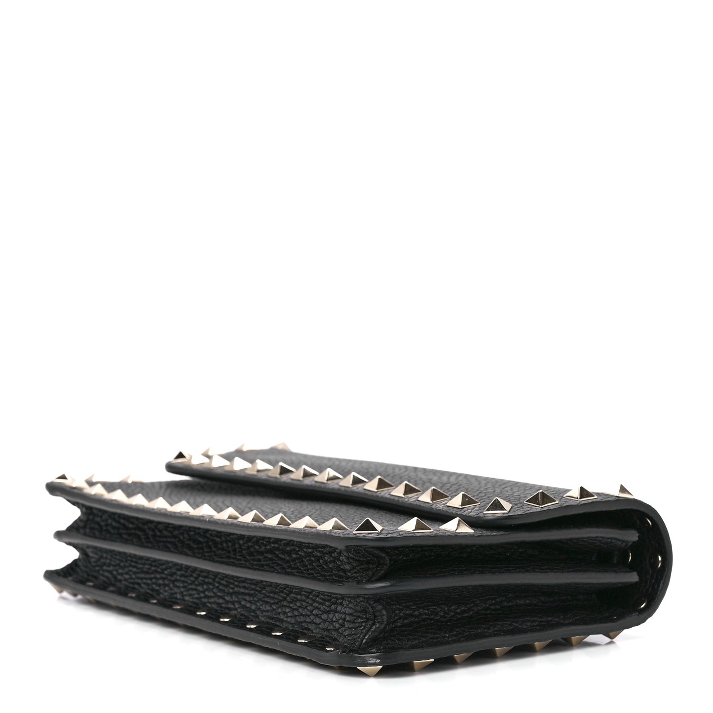 Pebbled Calfskin Rockstud Flap Wallet On Chain Black