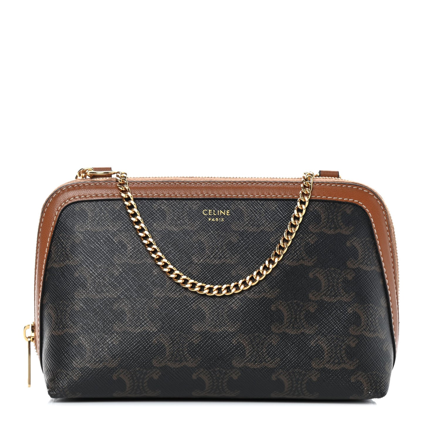 Triomphe Canvas Calfskin Mini Clutch on Chain Tan