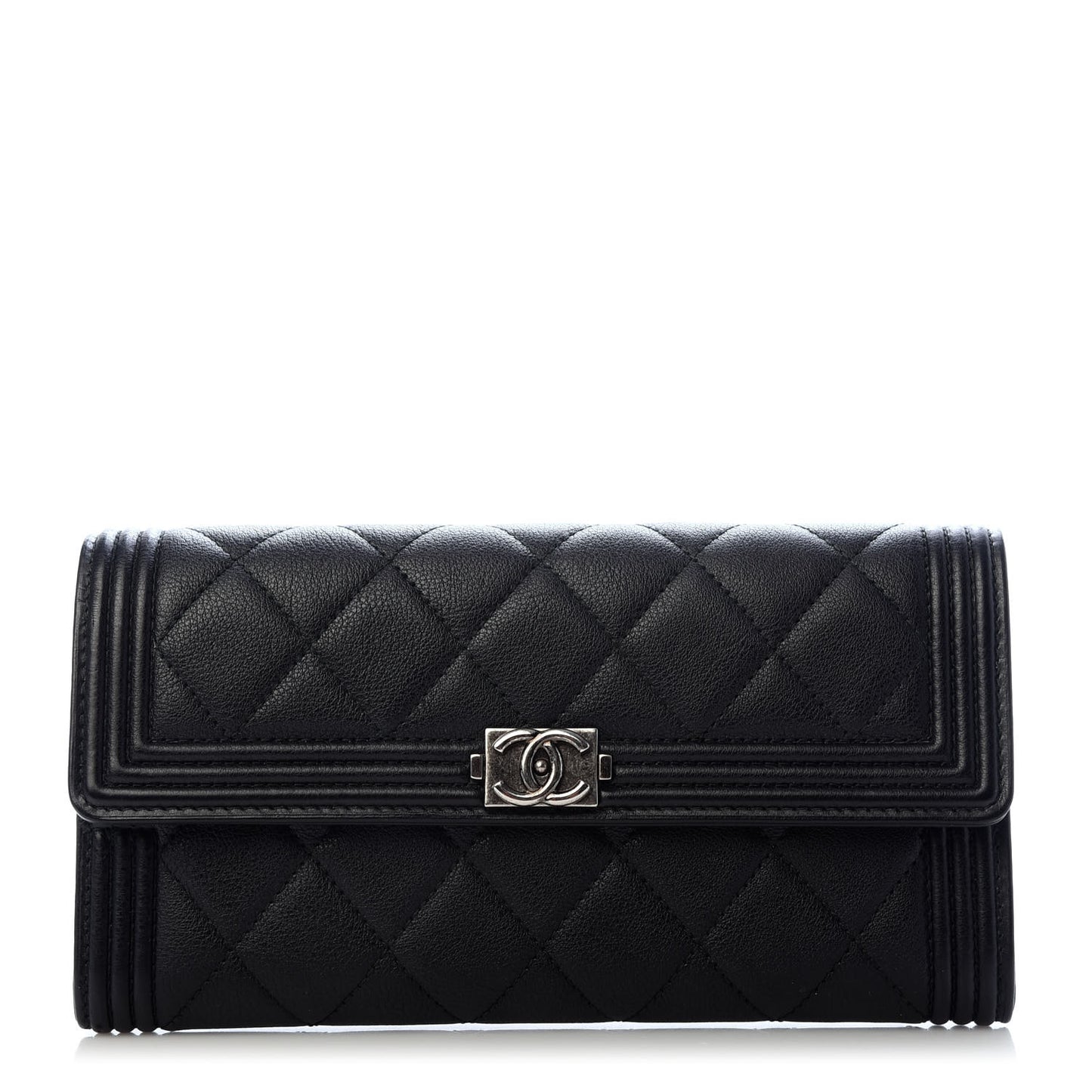 Calfskin Quilted Large Boy Gusset Flap Wallet Black