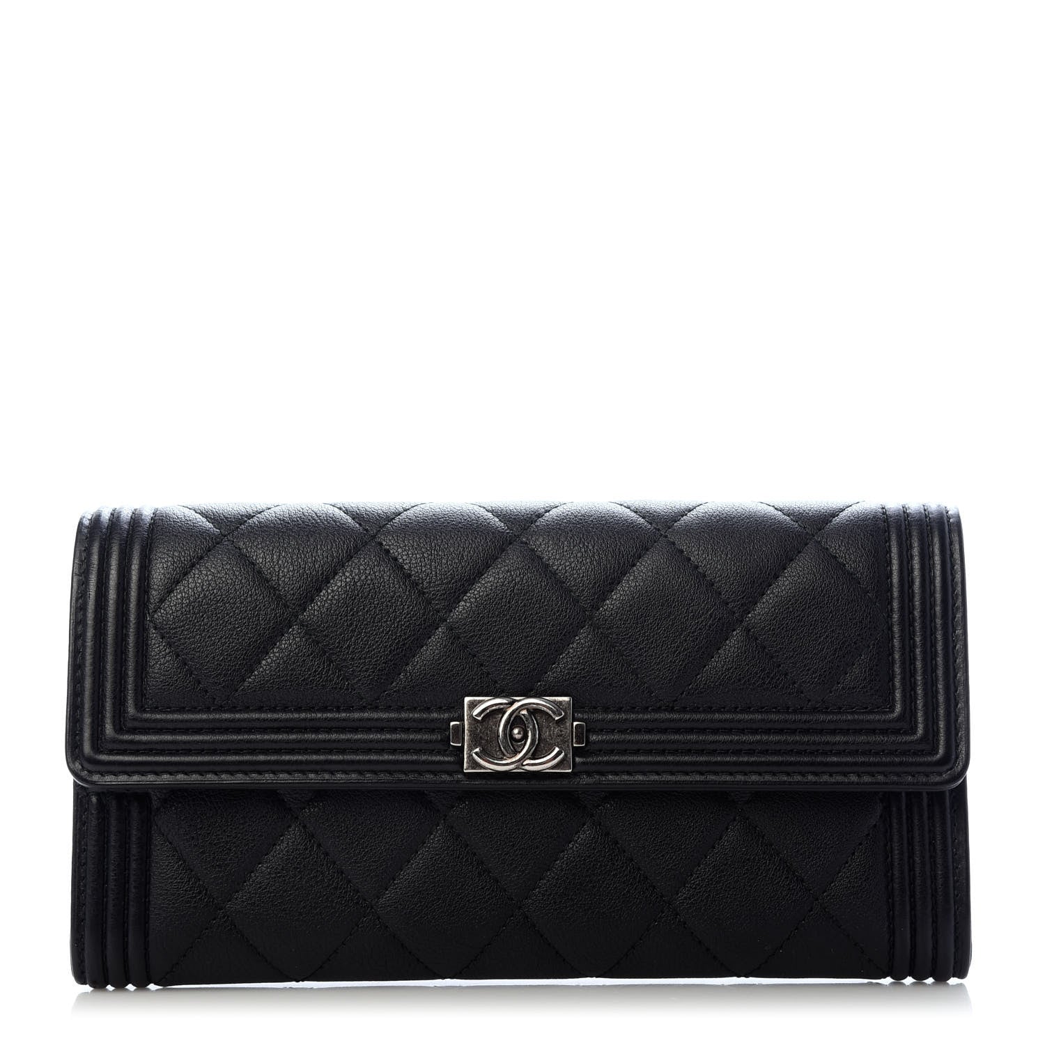 Chanel Calfskin Quilted Large Boy Gusset Flap Wallet Black 1 of 8