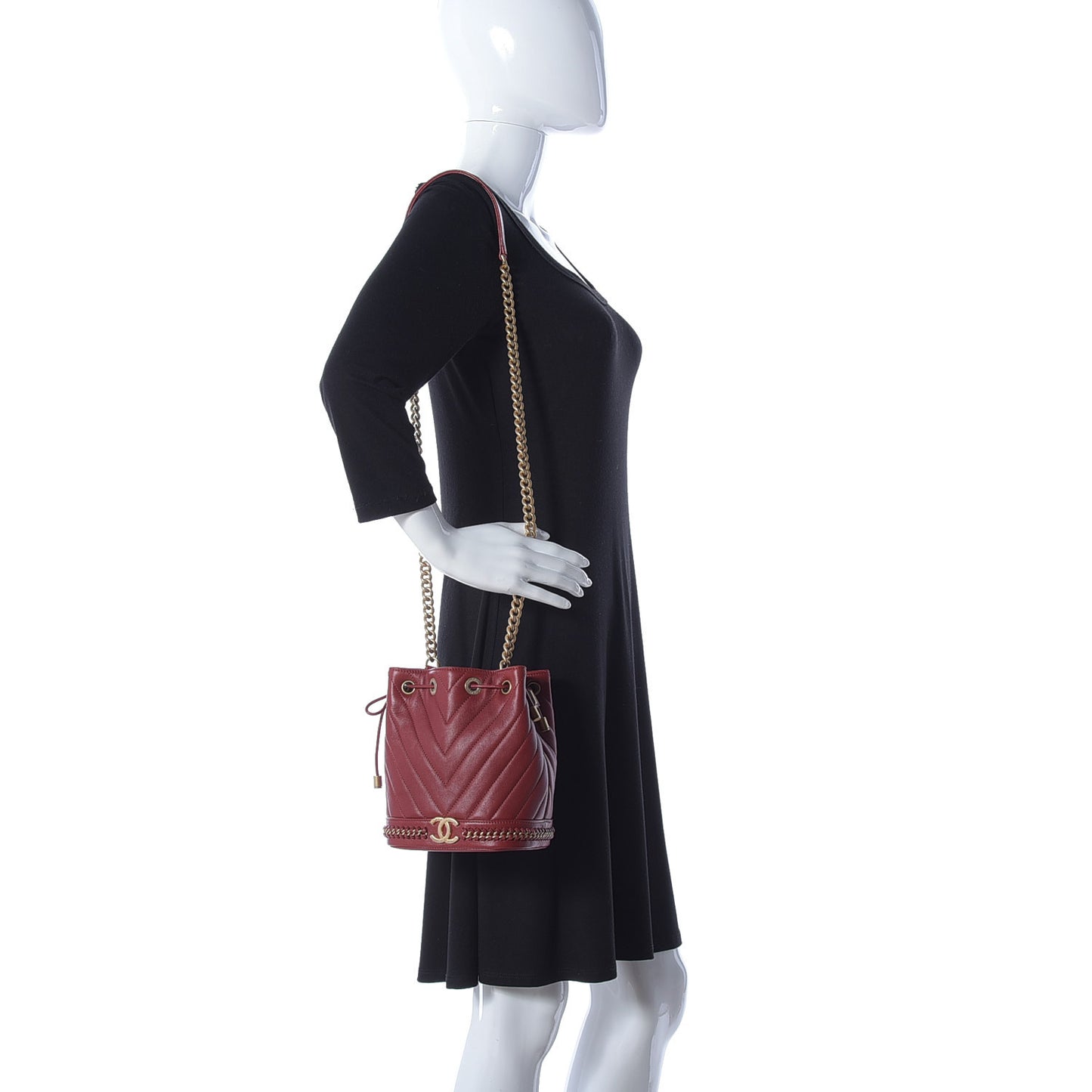 Sheepskin Chevron Quilted Small Drawstring Bag Dark Red