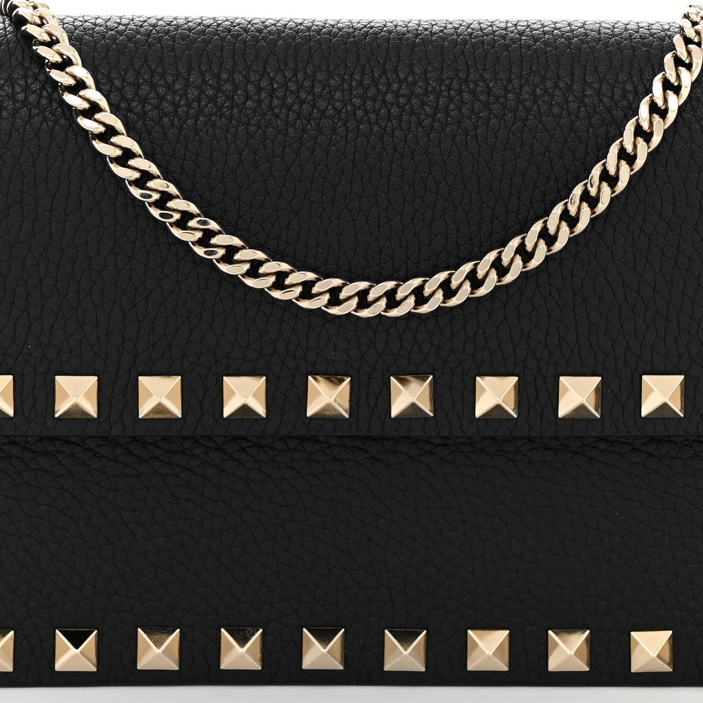 Pebbled Calfskin Rockstud Flap Wallet On Chain Black
