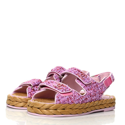 Chanel Tweed Lambskin Velcro Dad Sandals 38 Pink Multicolor 3 of 8
