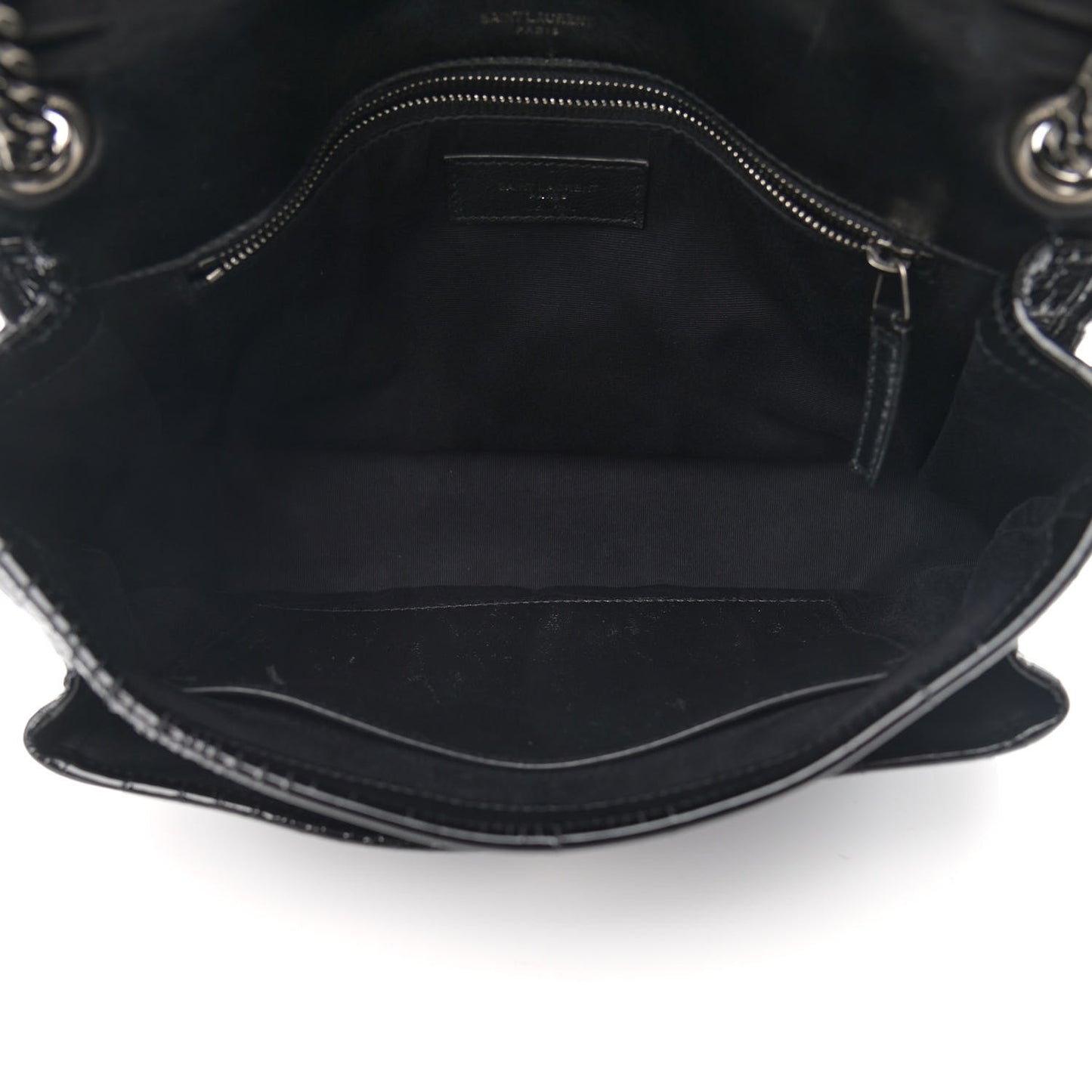 Patent Crocodile Embossed Lambskin Monogram Medium Niki Chain Satchel Black