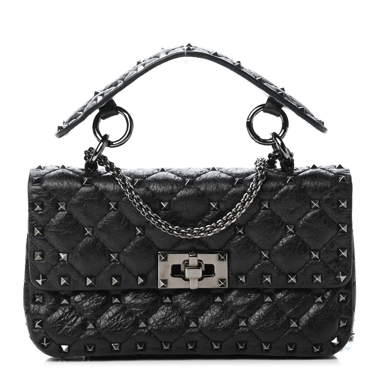 Craquele Nappa Small Rockstud Spike Shoulder Bag Black
