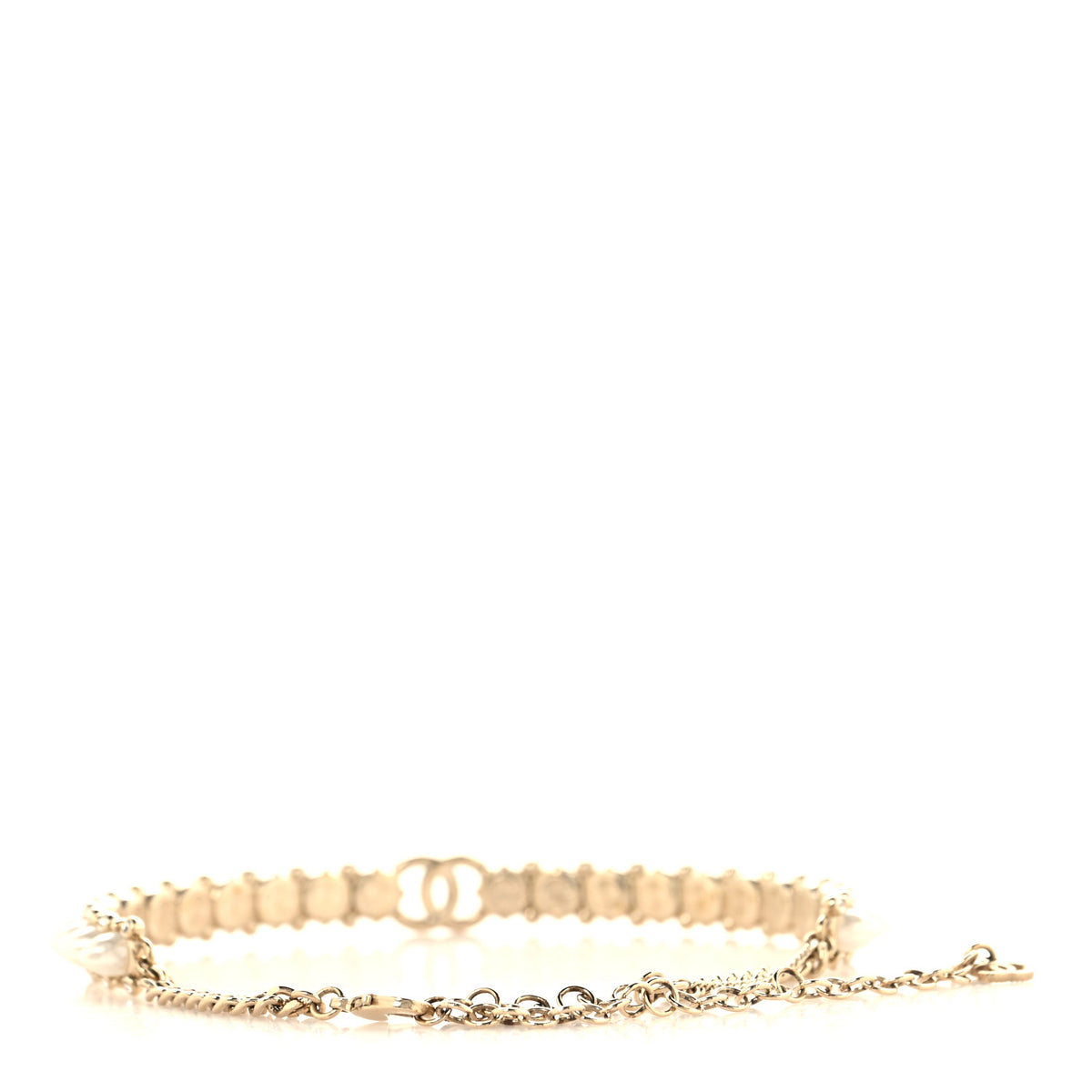Chanel Strass Crystal Studded Pearl CC Choker Necklace Gold Pearly White 3 of 5