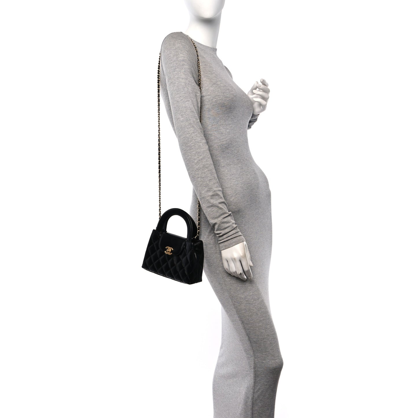 Shiny Aged Calfskin Quilted Nano Kelly Shopper Black