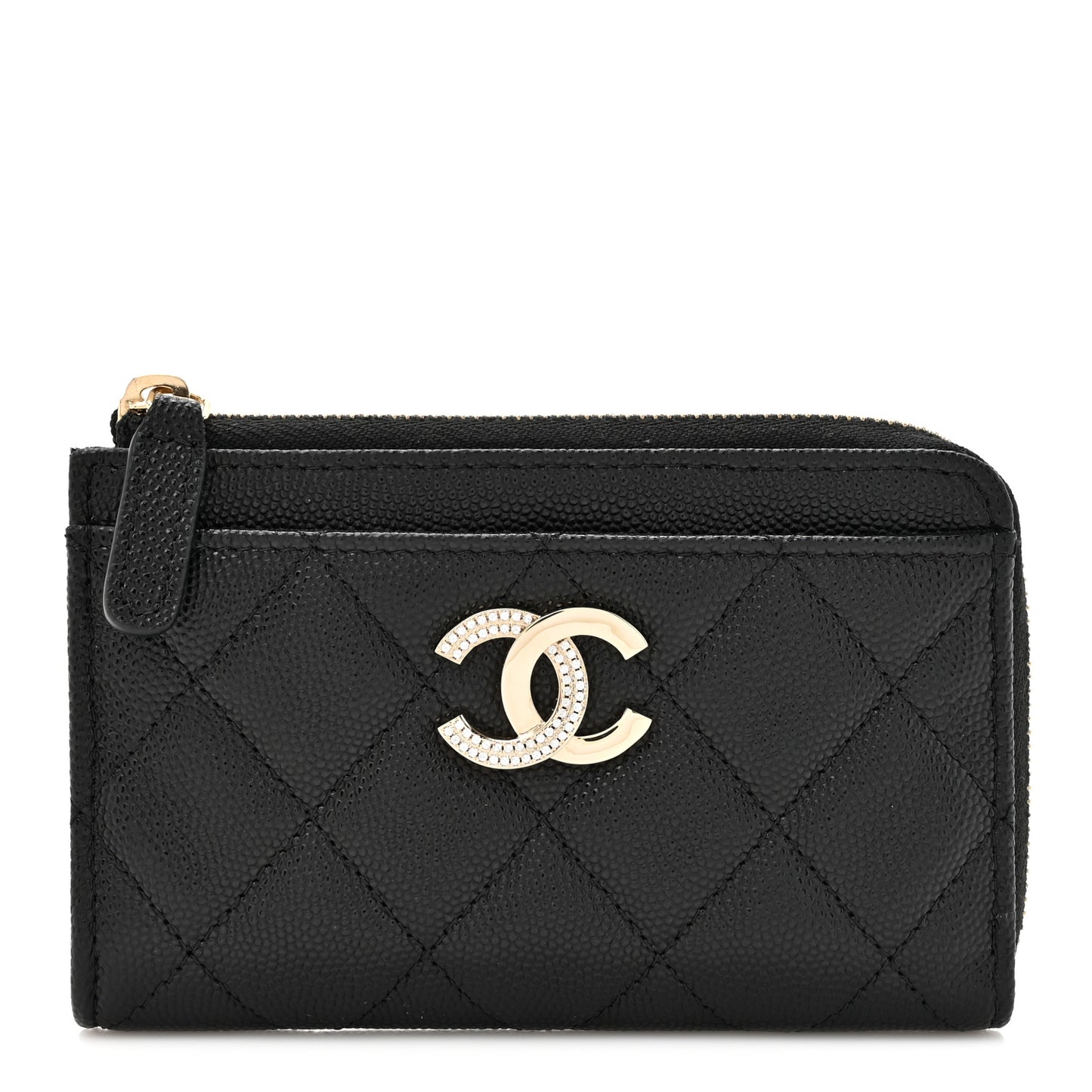 Caviar Quilted Crystal CC Zip Around Card Holder Black