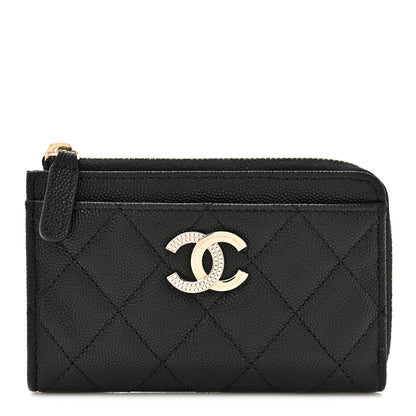 Chanel Caviar Quilted Crystal CC Zip Around Card Holder Black 1 of 9