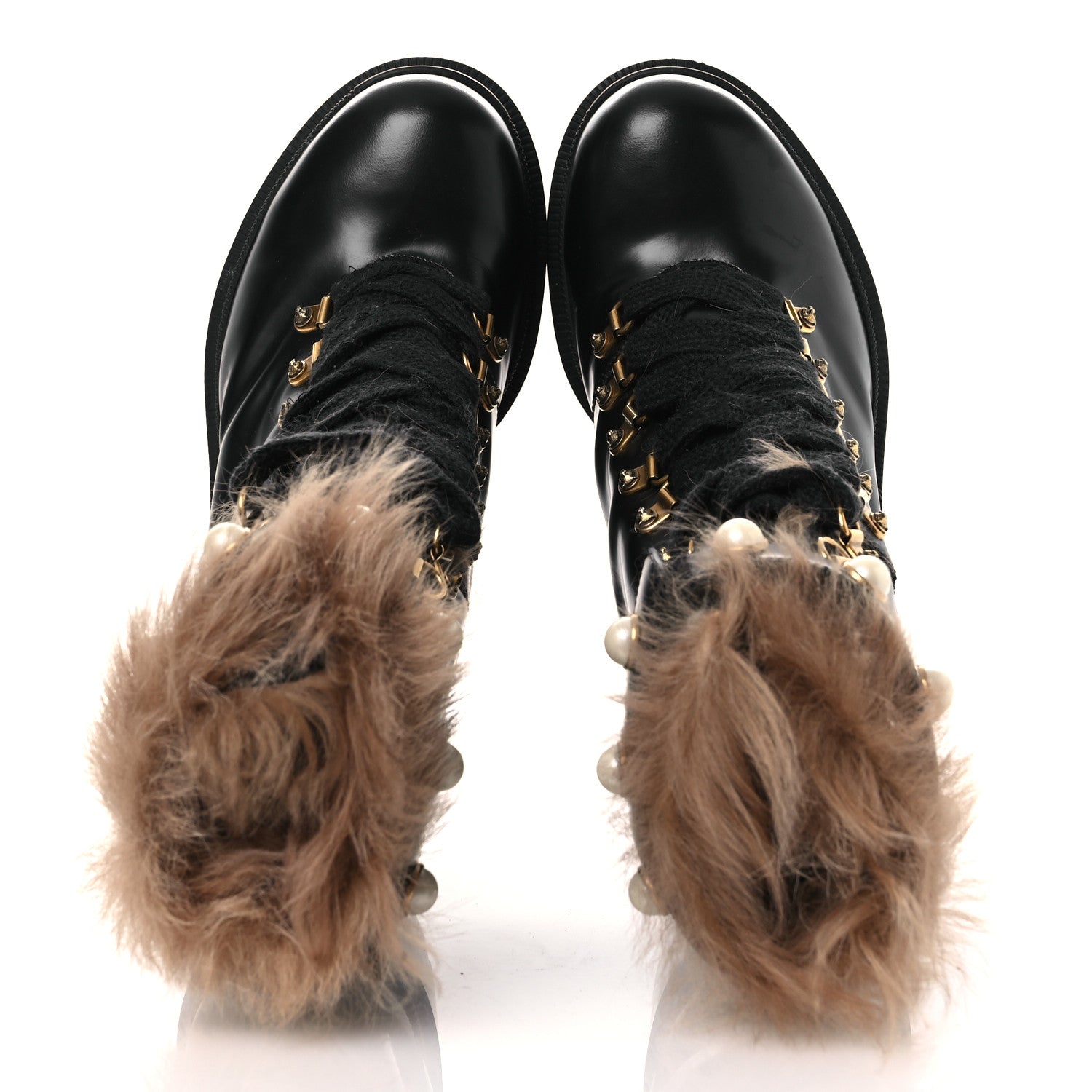 Gucci Magnum Calfskin Fur Pearl Lace Up Combat Ankle Boots 39.5 Black Naturale 2 of 13