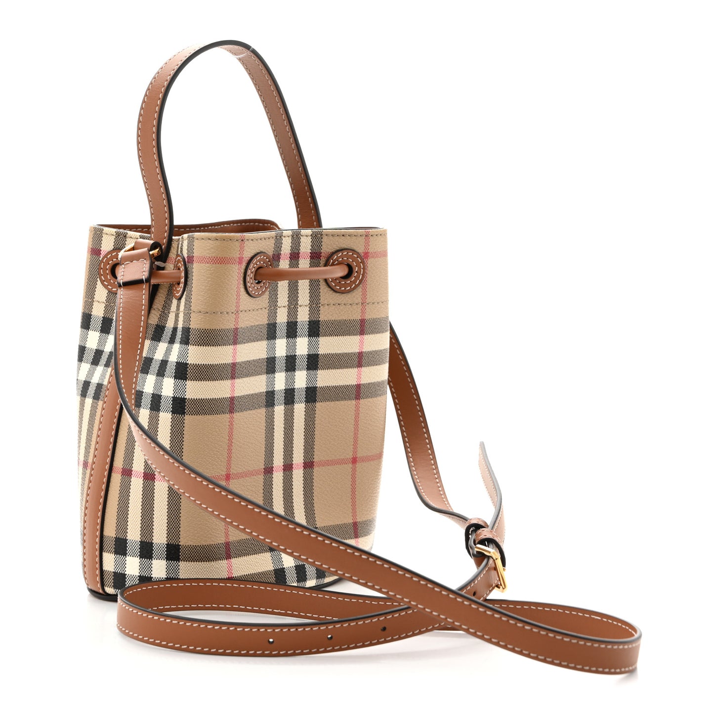 E-Canvas Vintage Check Mini Drawstring Bucket Bag Briar Brown