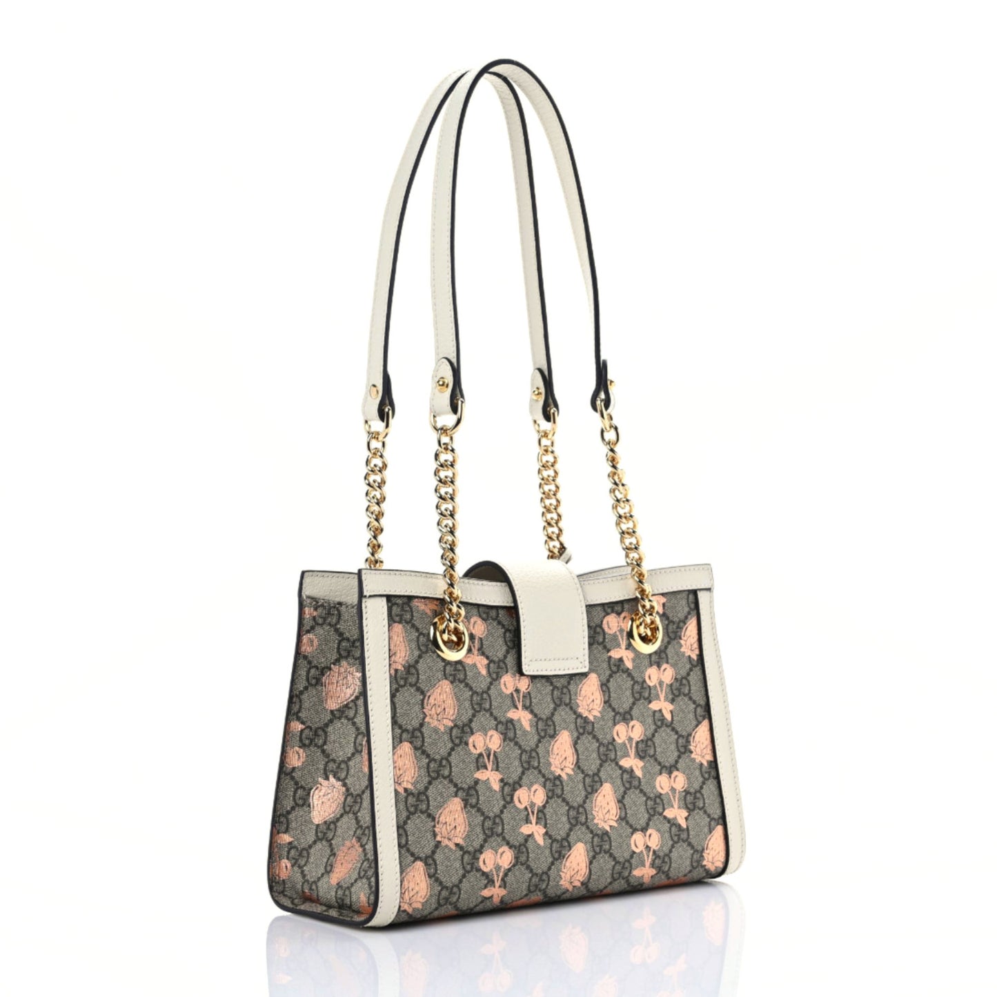 GG Supreme Monogram Berry Textured Dollar Calfskin Small Padlock Tote Beige Ebony Light Copper Mystic White