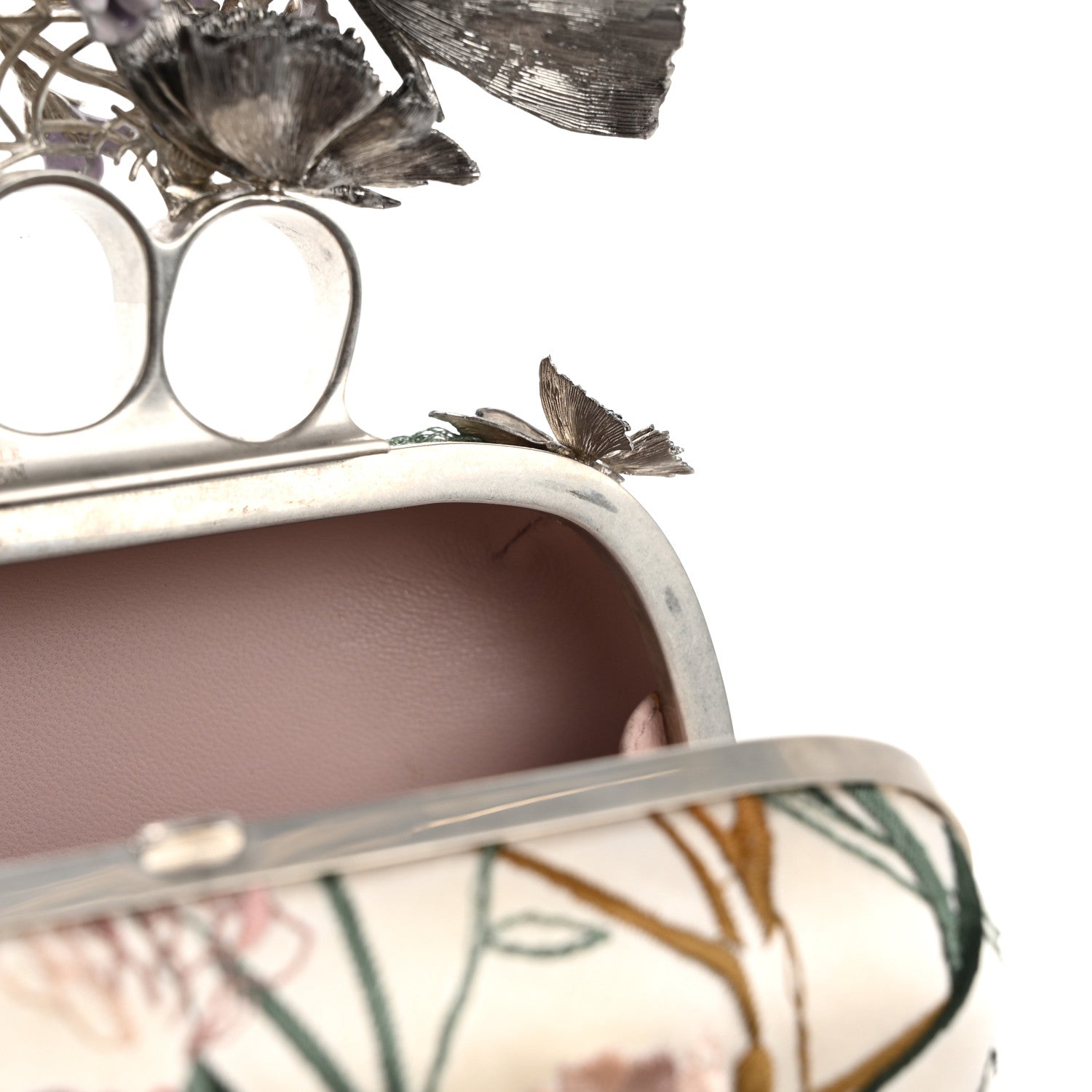 Alexander McQueen Satin Embroidered Flower Butterfly Knuckle Duster Box Clutch White Multicolor 10 of 15