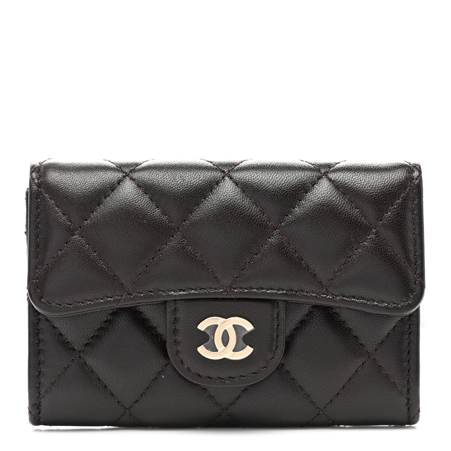 Lambskin Quilted Flap Card Holder Wallet Dark Brown